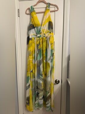 White House Black Market Yellow and Green Watercolor Maxi Dress